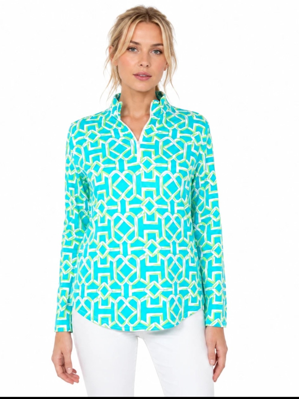 Icikuls UPF 50+ mock neck 1/4 zip top blue green mosaic long sleeve Size M